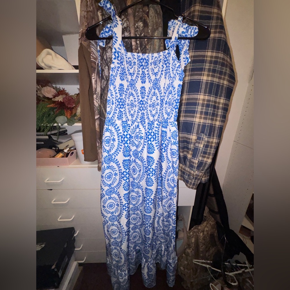Blue and White Patterned Maxi Dress - Women